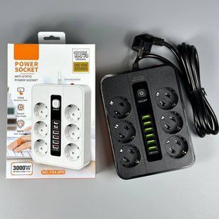 Подовжувач мережевий Power Socket F54U 6USB 6 розеток 3000 Вт 2 м чорний 62192 24637 фото