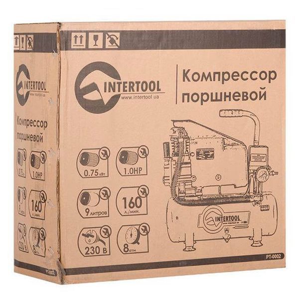 Компресор, 9 л, 0,75 кВт, 220 В, 8 атм, 160 л/хв INTERTOOL PT-0002 8376 фото